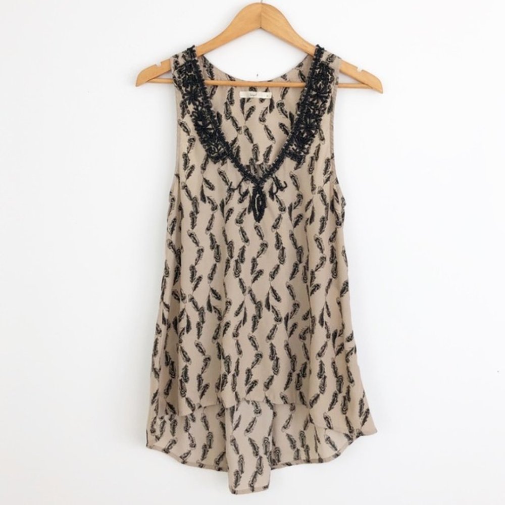 Anthro Hazel Beaded Feather Print Tank Top Medium